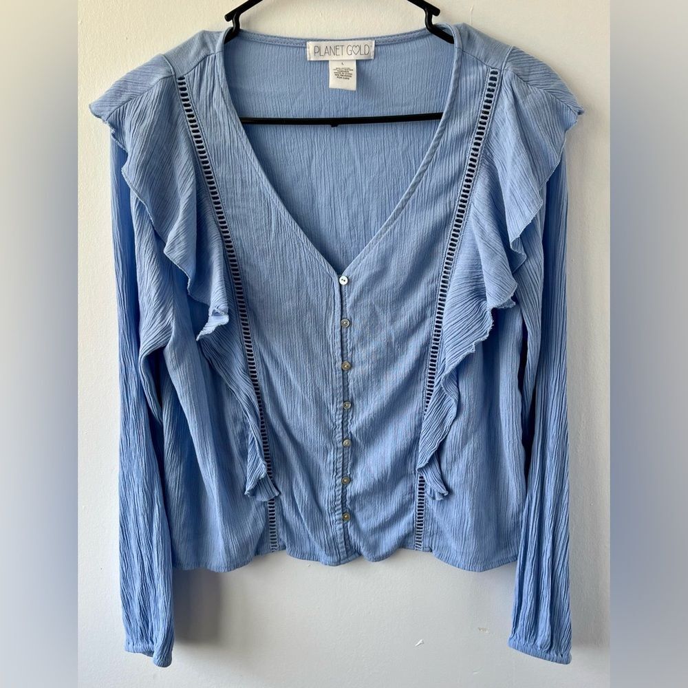 Planet Gold Women’s Blue ruffled v-neck crinkle blouse Cropped Peasant Boho Sz L